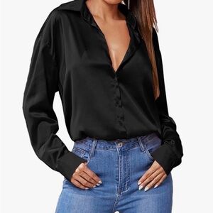 Black Satin Button Down Shirt for Women